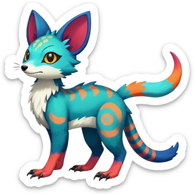 Rare realistic exotic edgy epic pretty beautiful handsome gorgeous aesthetic colorful vibrant Vernid-Trico-species-Fakemon-creature by LiLaiRa, 4 legs, 1 tail, random markings, (full body) sticker
