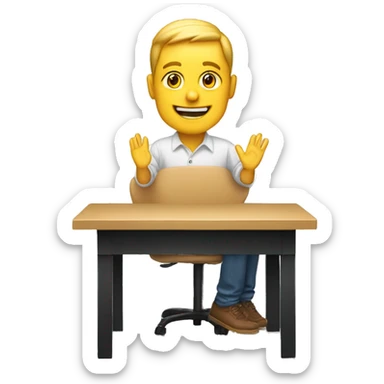 white person sitting on a table and rising hand showing hi remove the table in the front sticker