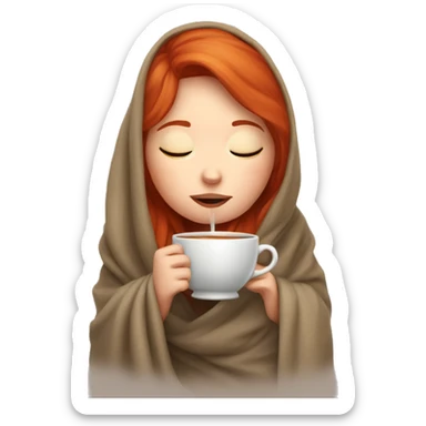 red hair girl wrapped in blanket drinking tea with eyes closed sticker