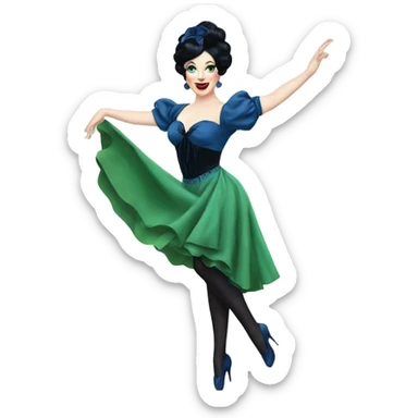 Burlesque dancer wearing blue with black hair, pale skin, and green eyes in a dark blue vintage costume dancing sticker