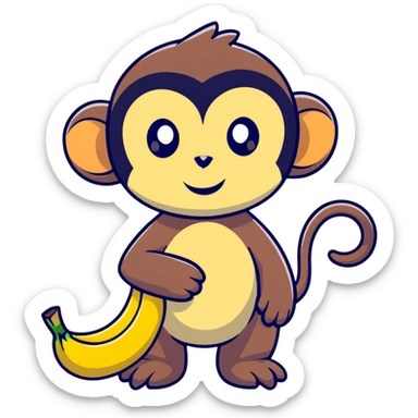 super kawaii baby monkey with big shiny eyes and tiny paws carefully peeling a banana sticker