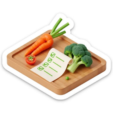 carrot tomato brocoli on the wooden cutting board with floating rolled paper list with green checkboxes sticker