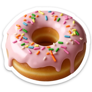Isolate the realistic glazed donut with soft lighting, classic pink glaze with rainbow sprinkles on a transparent background, removing all other background elements. sticker