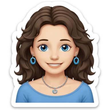 character with long wavy brunette shag hair, blue-grey eyes, boatneck top, septum piercing, emoji style sticker