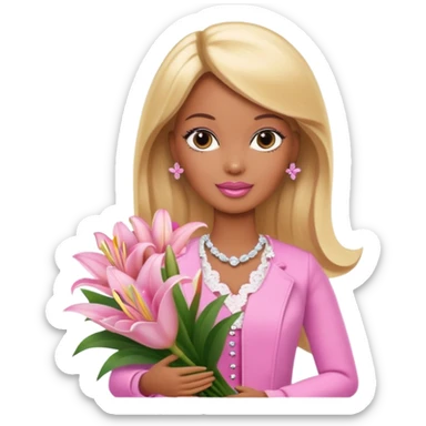 Brown skin blonde hair barbie with baby pink lily bouquet  sticker