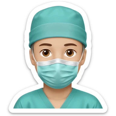 A light-skinned man with brown eyes, wearing a teal surgical cap and face mask. sticker