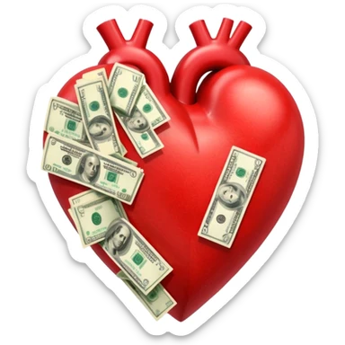 "Realistic HD red heart fused with money, cash integrated into the heart, glossy texture, clean white background." sticker