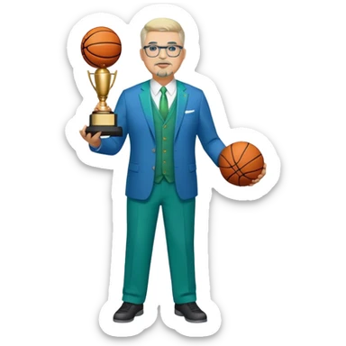 Full Body white middle aged male plus size wearing glasses with a goatee with light blonde and gray very short hair basketball head Coach in blue and green suit holding trophy sticker