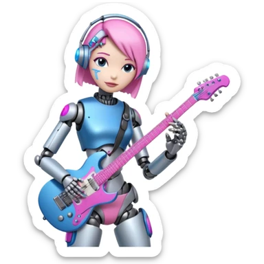 a cyper robot carry her note and electric guitar and try to change the world with pink and bluecolor sticker
