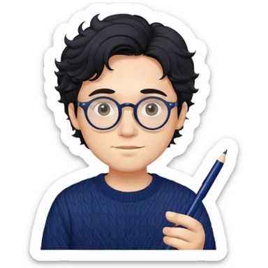 Young creative man with round glasses, wavy black hair, navy blue sweater, with pen in hand sticker