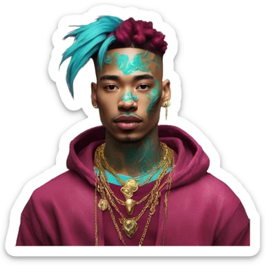 Vintage patina intricate swirls gold jewellery baroque golden raven tropical Deep pink maroon burgundy cyan dark hoodie man vitiligo dyed hair gold piercings nose piercing ear piercings sticker