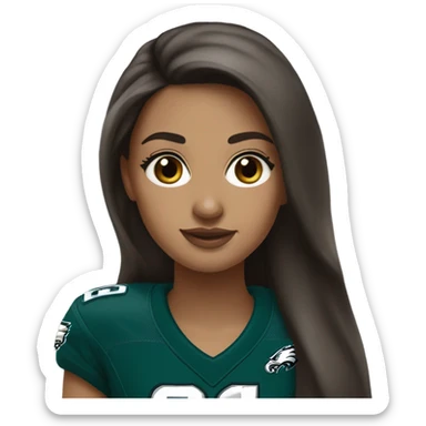 girl with brown hair, brown eyes, white skin. silver earrings, long hair. wearing Philidelphia Eagles gear sticker