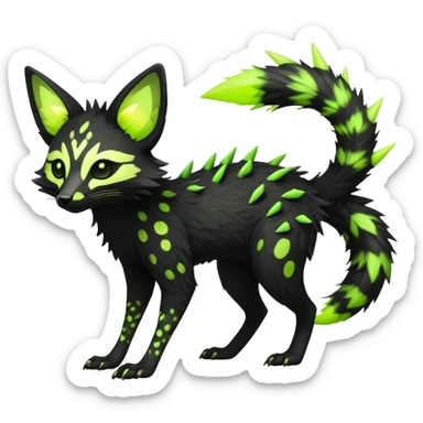 Rare realistic black edgy toxic radioactive-themed black fur with neon-lime-green-glowing  epic handsome gorgeous aesthetic vibrant Vernid-Trico-Genet-species-hybrid-Fakemon-creature by LiLaiRa, 4 legs, 1 tail, random markings, (full body) with tiny spikes on tail sticker
