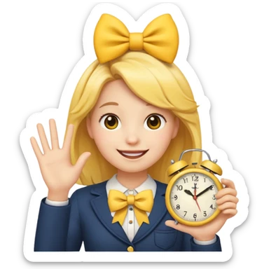 Yellow regular smiling emoji with hand saying clock it with bow in hair preppy cute aesthetic  sticker
