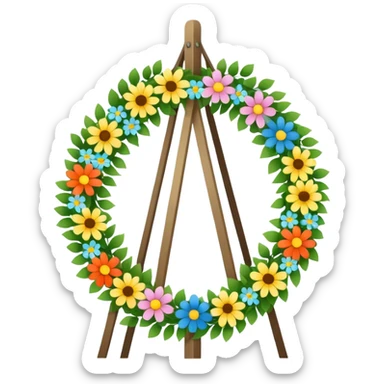 midsommarstång (Swedish maypole) decorated with green leaves and colorful flowers, standing upright with two floral wreaths hanging from the crossbar, festive and cheerful, clean modern illustration style sticker