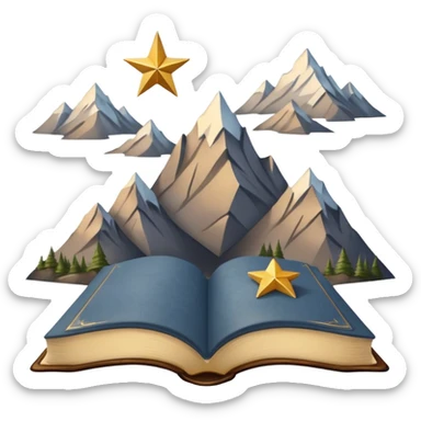 three mountain peaks of gray color, above each of the peaks there is a golden star, in front of the mountain peaks there is an open book sticker