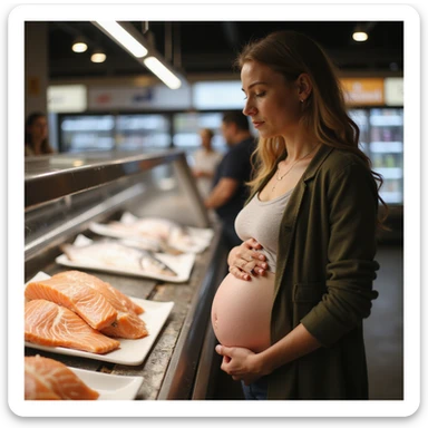 realistic pregnant woman in 4K at a supermarket, observing the fish counter and choosing not to take salmon, attentive and protective expression towards her belly sticker