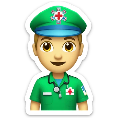 Paramedic, short sleeve green shirt, NHS logo, ambulance crest on shirt sticker