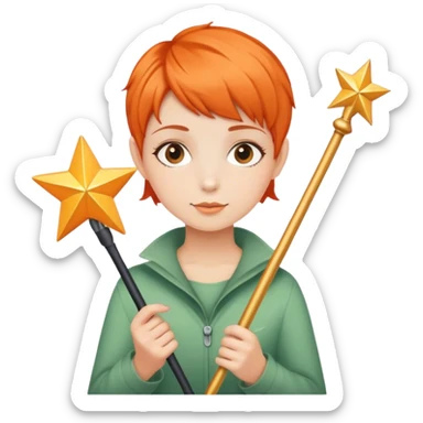girl with orange pixie cut holding star-tipped wand sticker