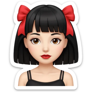 emoji feminino branca com cabelo longo, preto, liso e com franja. olhos castanhos. no rosto maquiagem com blush, cílios, delineador e batom vermelho. usando uma blusa preta com alças finas e um laço branco de cada lado sticker