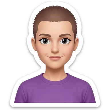 White skin ,  female, brown buzzcut, purple shirt, light eyes sticker