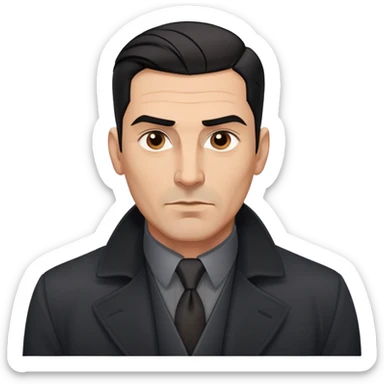 Robust athletic man in his 40s with light brown skin tone, short slicked back straight black hair with fade haircut, strong square face, thick eyebrows, wide nose, black overcoat with buttoned gray shirt visible underneath sticker