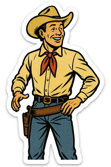 The full body of a happy young American West cowboy from the 1870s wearing a neck tie, cowboy hat and gun holster sticker