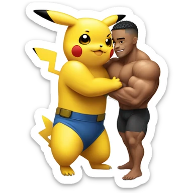 pikachu hugging a white male bodybuilder  sticker