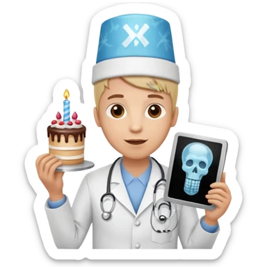 doctor emoji holding X-ray, birthday hat with cake on top. sticker