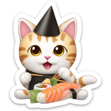 kitten eating sushi for the first time wearing a birthday hat sticker