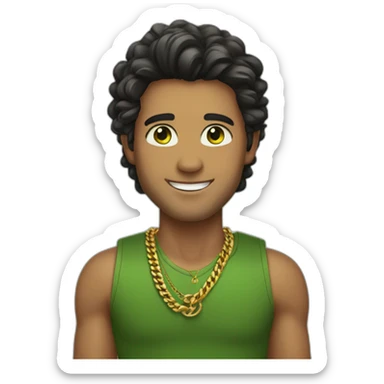 smiling man with tan skin with vibrant green eyes dark hair and a gold chain sticker