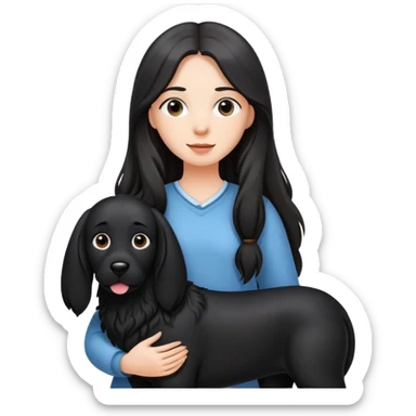 A long-haired girl is holding a big black dog with standing ears sticker