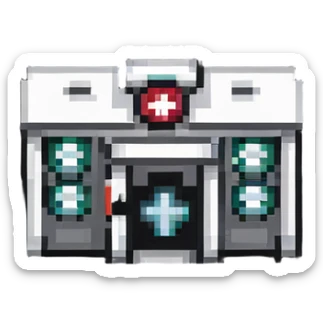 tiny simple hospital building icon with medical cross, modern colors, minimal details, small size sticker