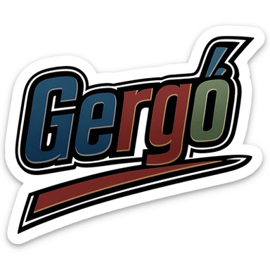 Text image of the name 'Gergő' with masculine, modern font with gradient style, long ő character, dark contour, prominent and clearly visible white border like the uploaded sample, dynamic slanted underline, masculine color shades including blue, gray, burgundy, green, and brown, 1000x1000 px, PNG, transparent background. sticker