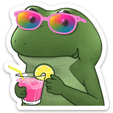 Bufo frog with pink sunglasses, holding a rainbow cocktail, in bufo style, transparent background sticker