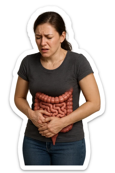 donna in piedi che si tiene la pancia con intestino umano anatomico e mal di pancia, iperrealistica 4k sticker