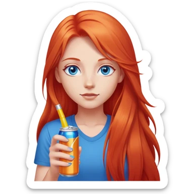 girl with light red long hair with blue eyes with energy drink in hand  sticker