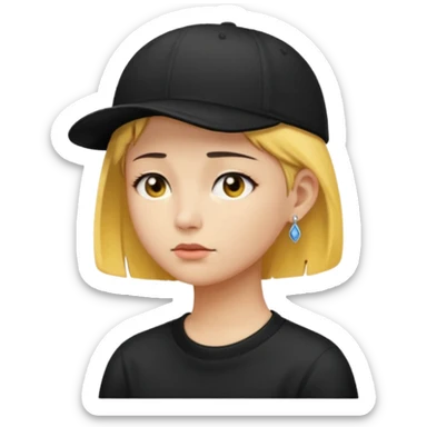 Create me an emoji like that, sad, with earrings, a black cap backwards, yellow skin like an emoji, and short hair down to the nape of my neck. sticker