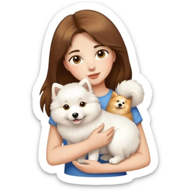 A girl with brown and golden hair holding a Samoyed sticker