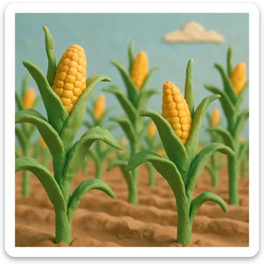 rows of tall corn stalks with green leaves and yellow corn in a corn field, soft pastel colors, blue sky, claymation style sticker