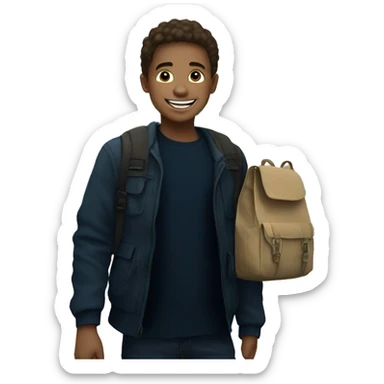 smiling boy outdoors with bag sticker