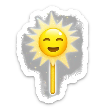 A k-pop inspired lightstick. It has a dome shape and white handle that's wide at the top and goes narrow to the bottom. The dome is transparent it is slightly glittery. Inside is a  cartoonish yellow sun the sun sits at the center and half of it is sunken sticker