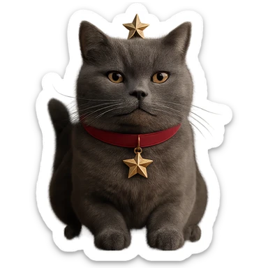 Make this British Shorthair cat with a proud smile and a gold star look more realistic, keep the pose and expression, no background, photorealistic style. sticker