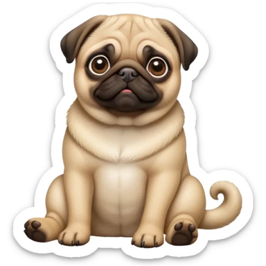 detailed-[pug]-realistic-full-body-sitting-emoji,-tail-resting-loosely-beside-its-paws,-head-tilted-dramatically, -sleek-fur,-simplified-yet-realistic-focused-features,-highly-detailed,-glowing-with-an-almost-sarcastic-glow sticker