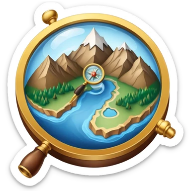 An icon featuring a globe, a compass, and a topographic map, symbolizing geography. The design includes mountain ranges, rivers, and a magnifying glass, representing the study of Earth's landscapes, features, and spatial relationships. Transparent background highlights geographic exploration. sticker