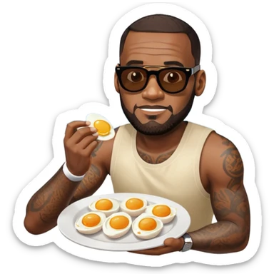 LeBron James enjoying a plate of eggs and fish outdoors in the sun sticker
