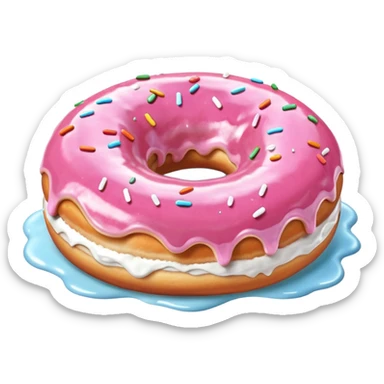 Pink donut with excessive amounts of white icing running down and through the hole of the donut, a waterfall of white icing. sticker