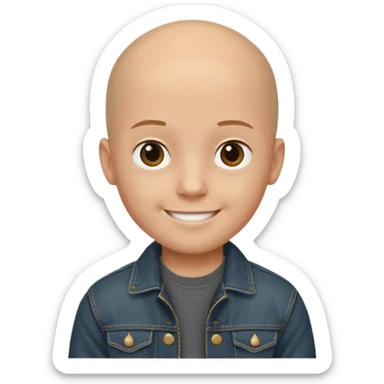  a young boy with bald head, black jeans jacket, plain forehead sticker