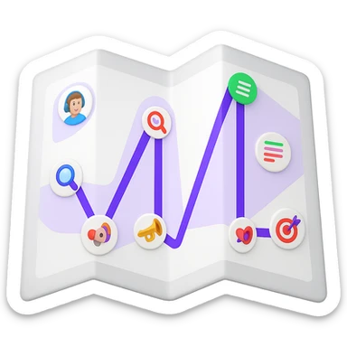Create a modern, clean paper map emoji in the style of Apple emojis, open to reveal the attached digital roadmap drawing inside with a purple path and icons. The map represents a step-by-step guide for musicians, looking new, colorful, and inviting. No city map elements, no old or antique style, and no text. Transparent background. sticker