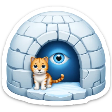 igloo with snow on top and a big cat's eye looking out the igloo entrance sticker